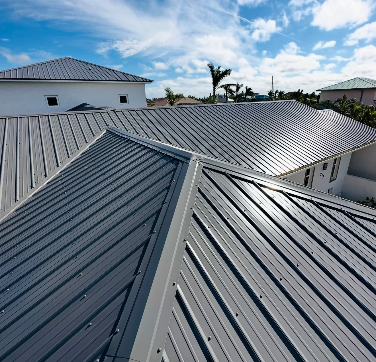 Modern residential building with contemporary metal roofing
