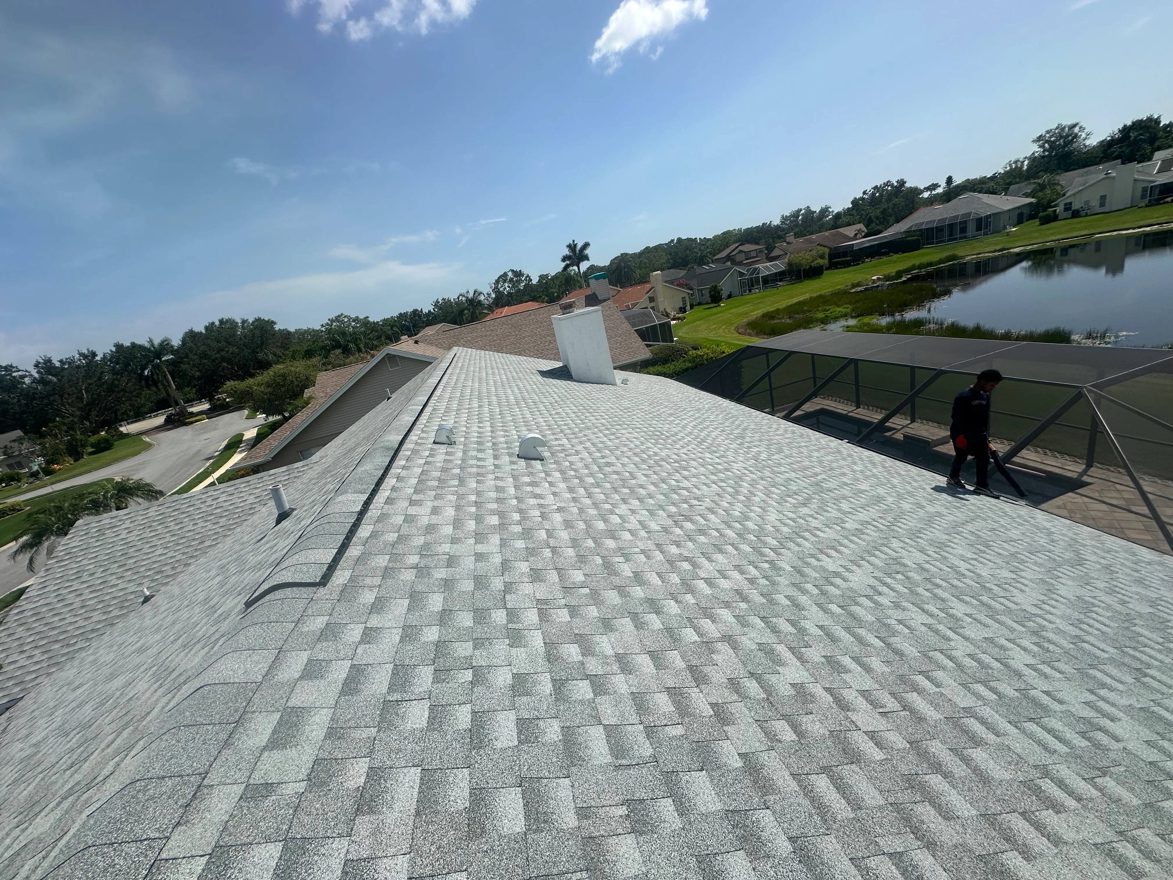 Modern residential roof with patterned shingles