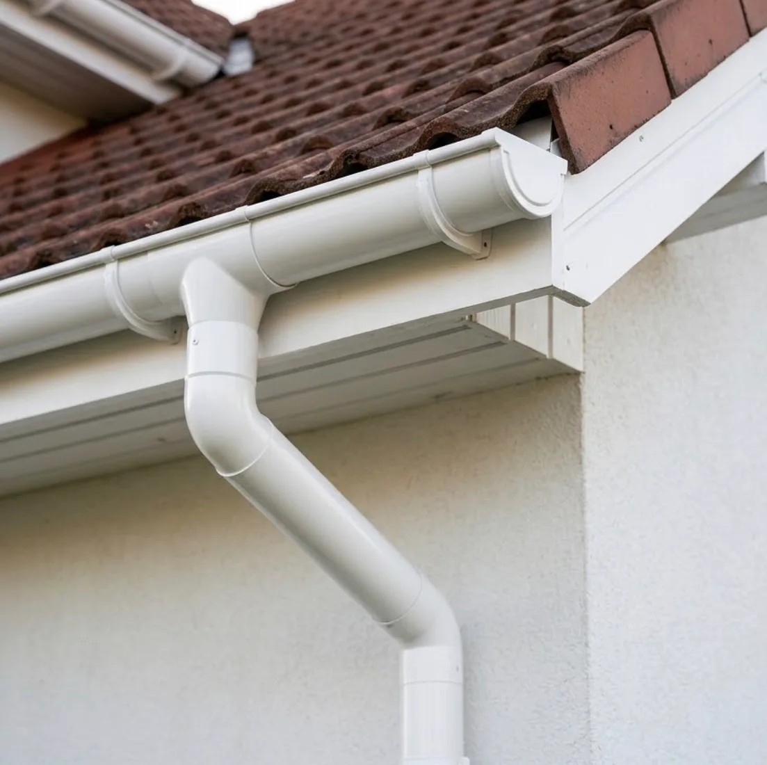 White seamless gutter system installed on brick roof with downspout and soffit connection