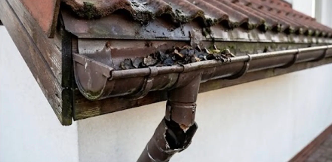 Clogged gutters full of moss and debris requiring professional gutter repair services