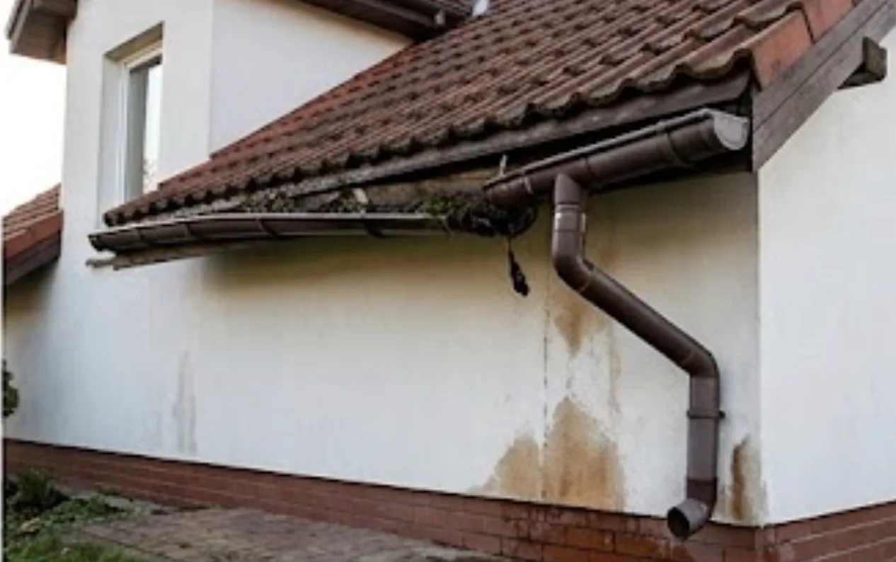 Roof leak and gutter damage causing water stains on house exterior wall